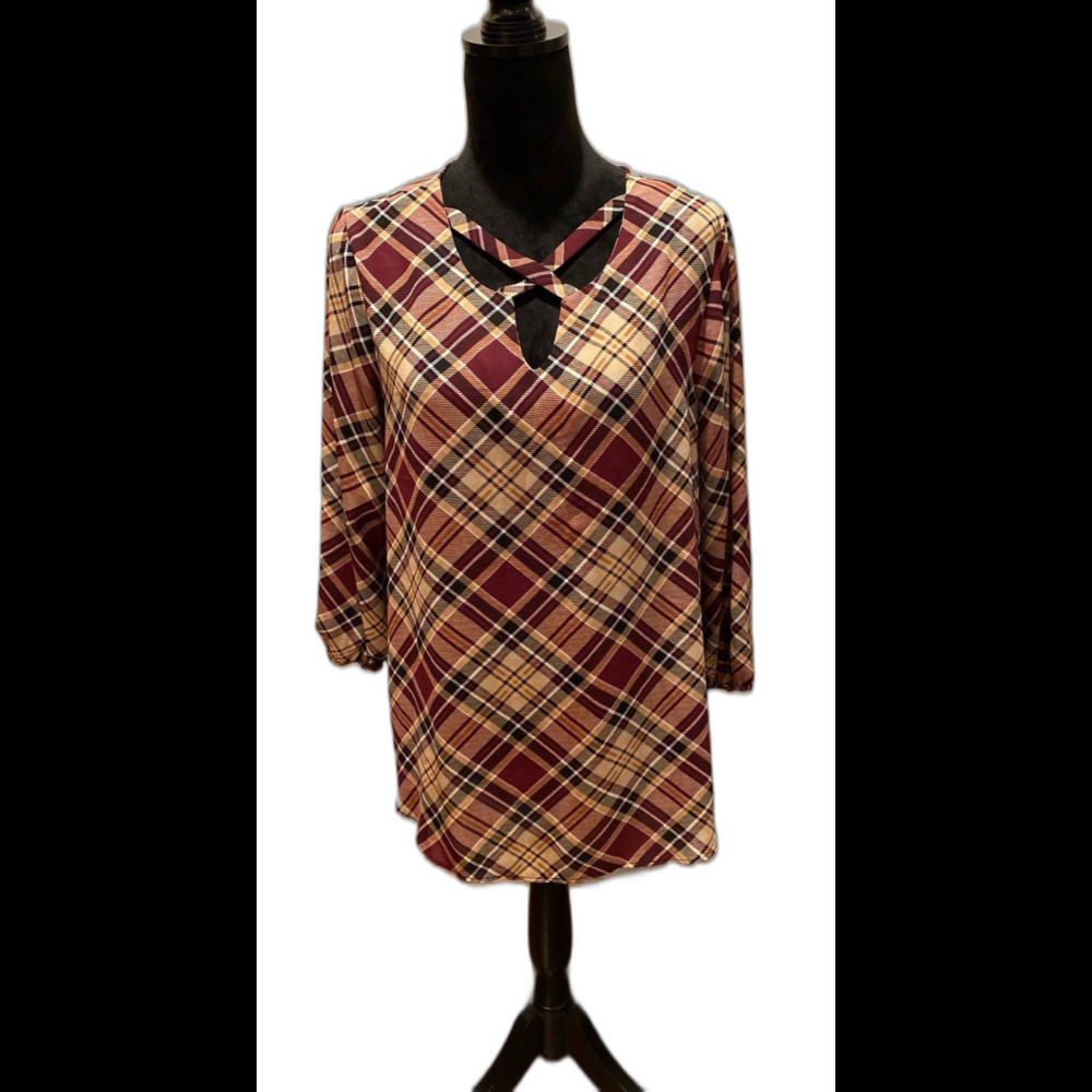 Cato Blouse Size Medium Plaid‎ Hi Low Tunic Top Criss Cross Front Unique Stylish